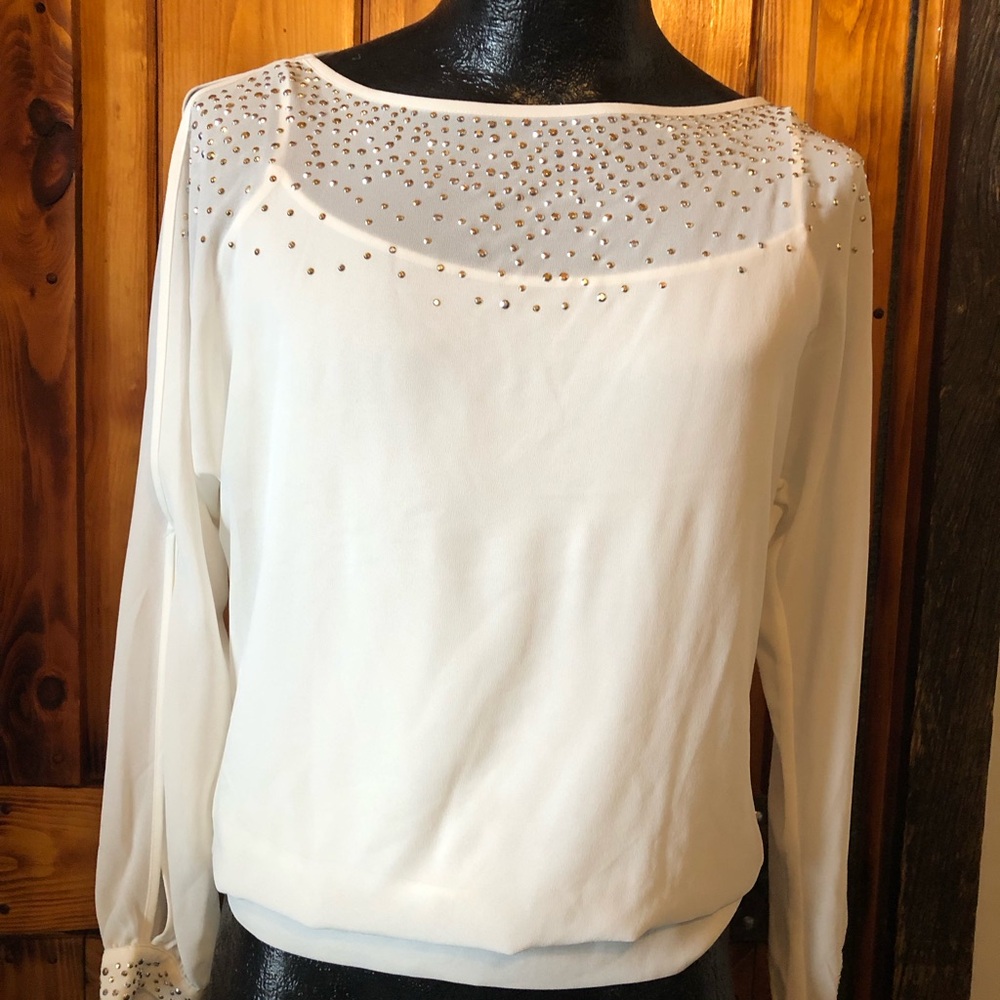 Cache White Long-Sleeve Blouse with Gold Stud Detailing built in tank top sz sm